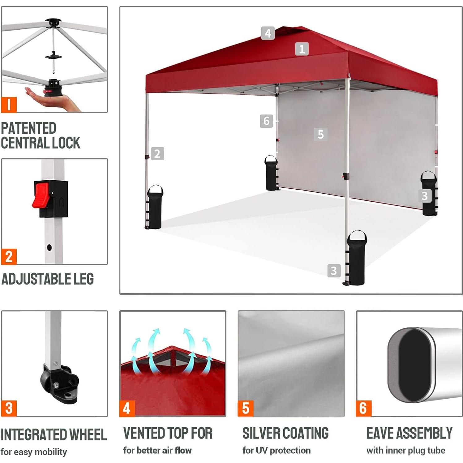 Carpa Plegable CROWN SHADES 3x3m con 1 Pared Lateral - Rojo