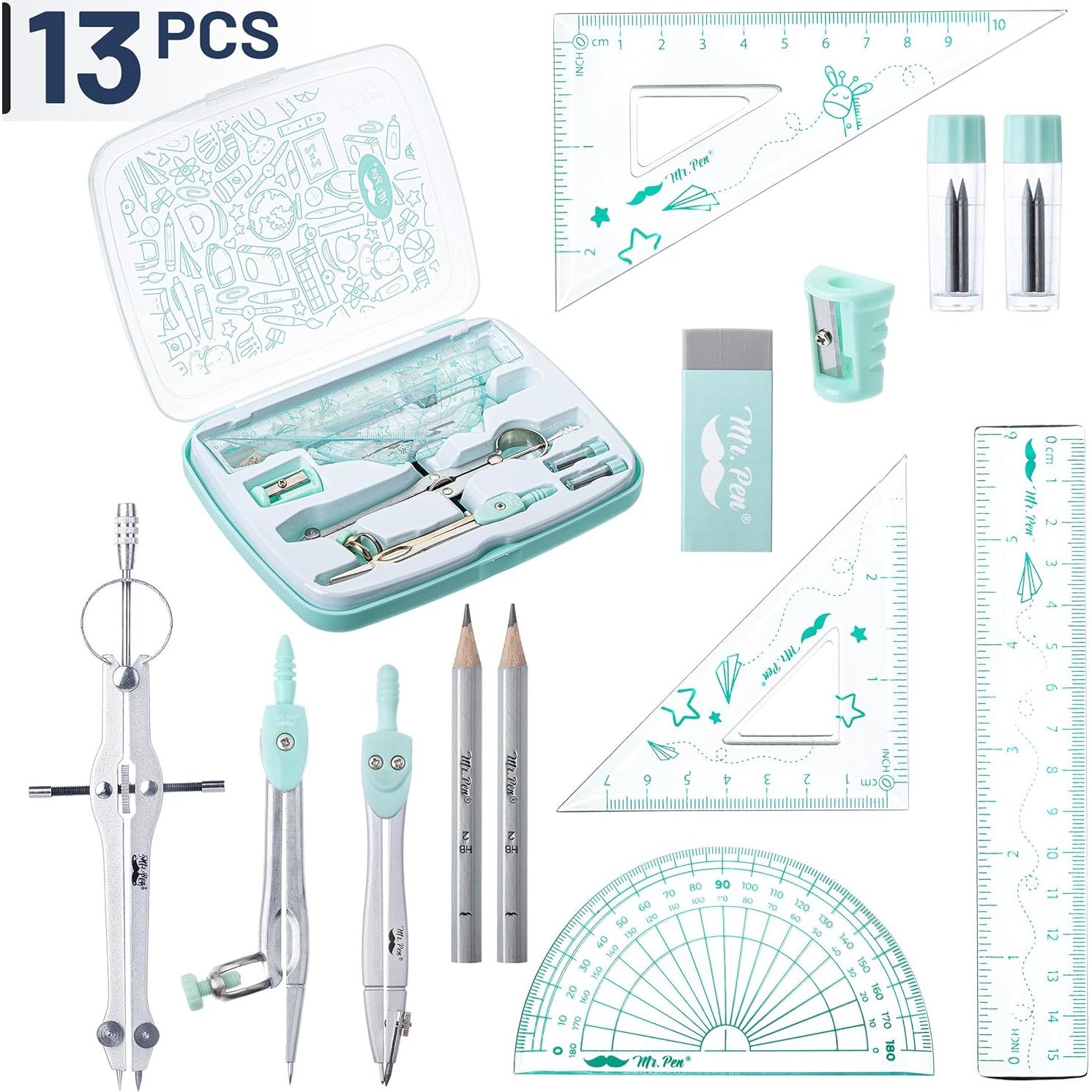 Juego de Geometría Mr. Pen 13 Piezas con Caja Verde