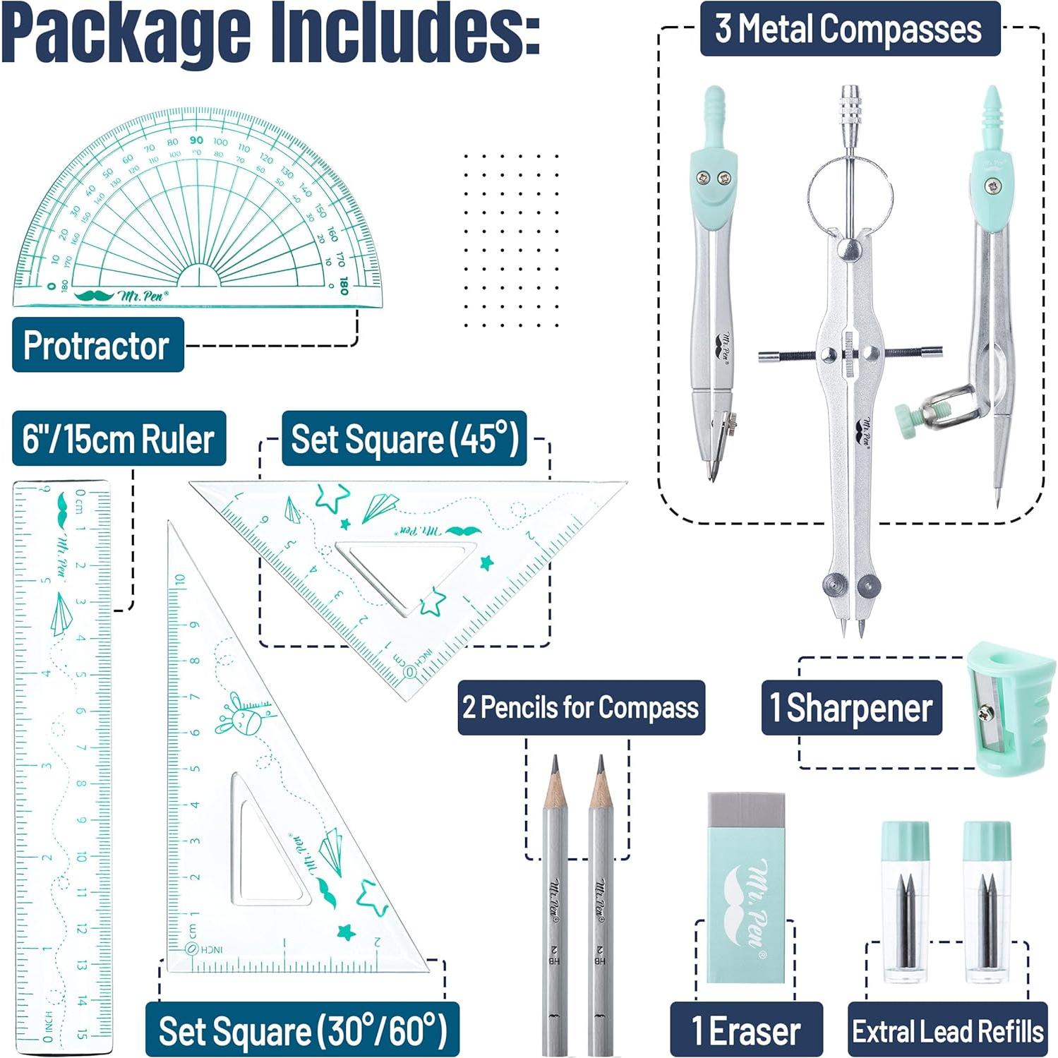 Juego de Geometría Mr. Pen 13 Piezas con Caja Verde