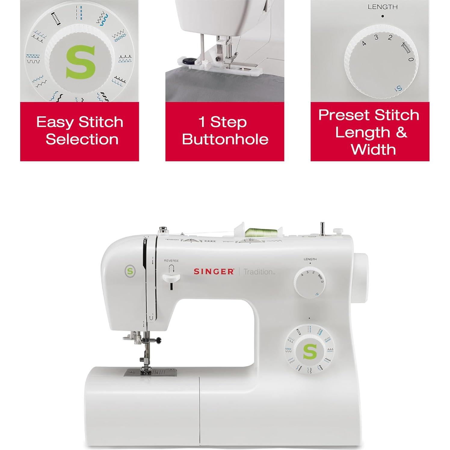 SINGER Tradition 2277 Sewing Machine with Automatic Needle Threader | 97 Stitch Applications, 1-Step Buttonhole, Adjustable Stitch Length & Width & Heavy-Duty Metal Frame (White)