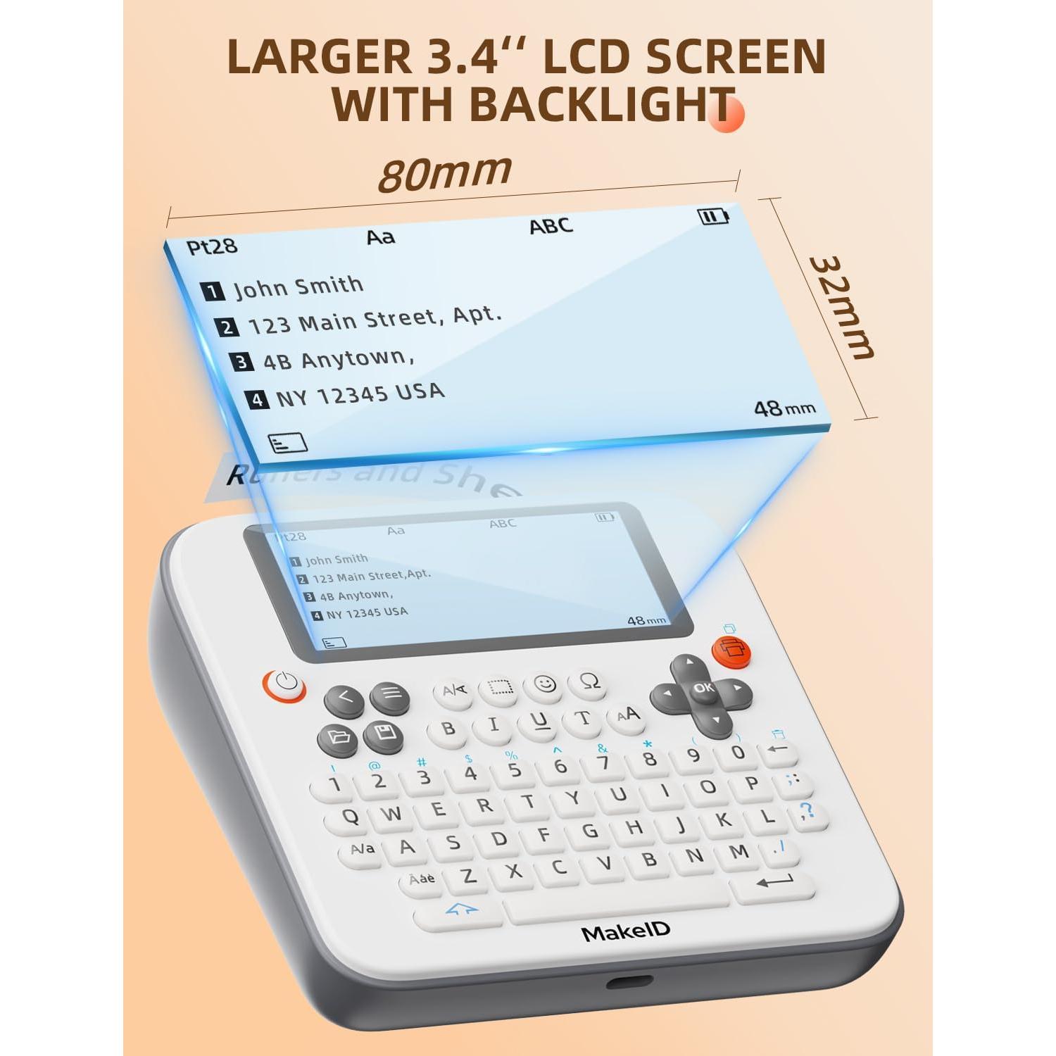 Makeid Label Maker E1, Bluetooth Rechargeable Label Maker Machine, QWERTY Keyboard Labeler, 3.4" Backlighting LCD Screen, Prints 9~16 mm