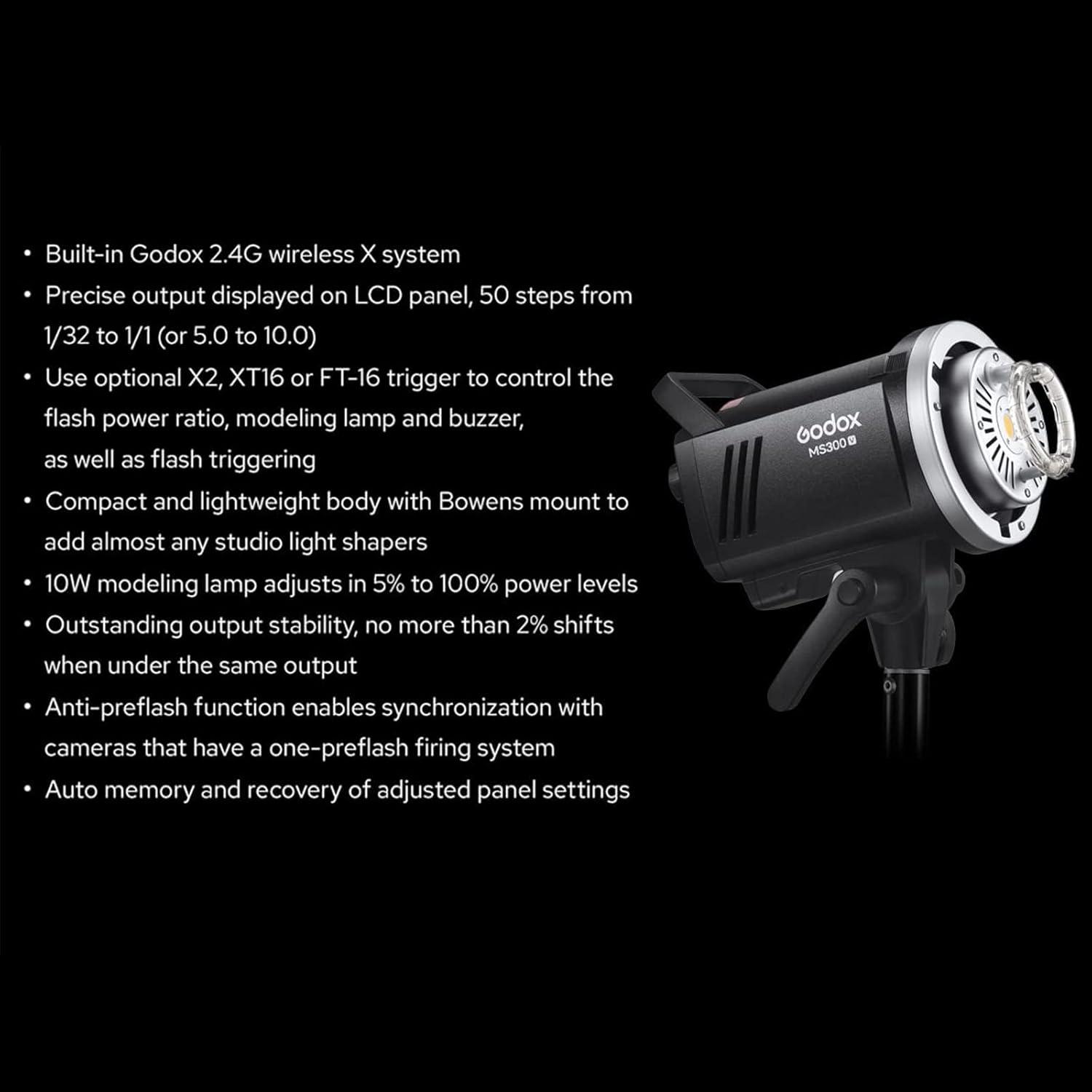 Godox MS300V MS300-V Compact Studio Strobe Flash Light - 300W,GN58 0.1-1.8S Recycle Time,2.4G X System,Bowens Mount LED Modeling Lamp for Photographic Studio Portrait Shooting(MS300 Upgraded Version)