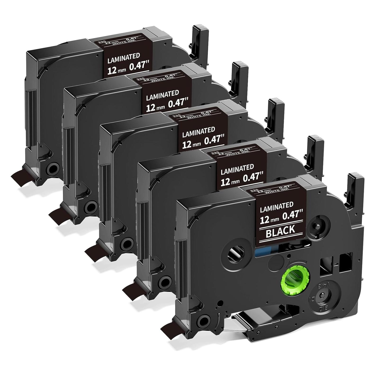 Cinta de Etiquetas MarkDomain TZe-335 12mm Blanca sobre Negra - Paquete de 5