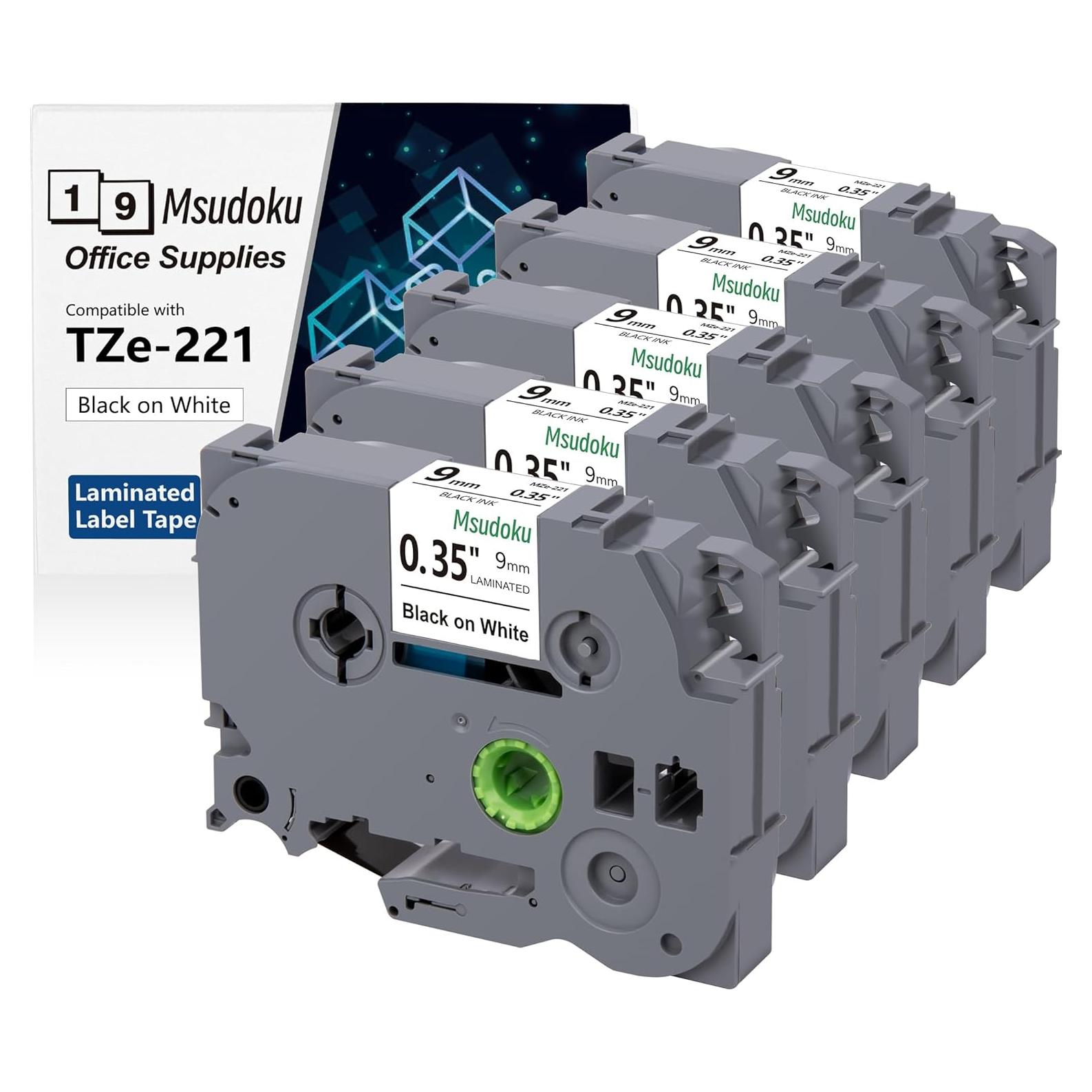 Paquete de 5 cintas de etiquetas Msudoku TZe221 9mm blanca