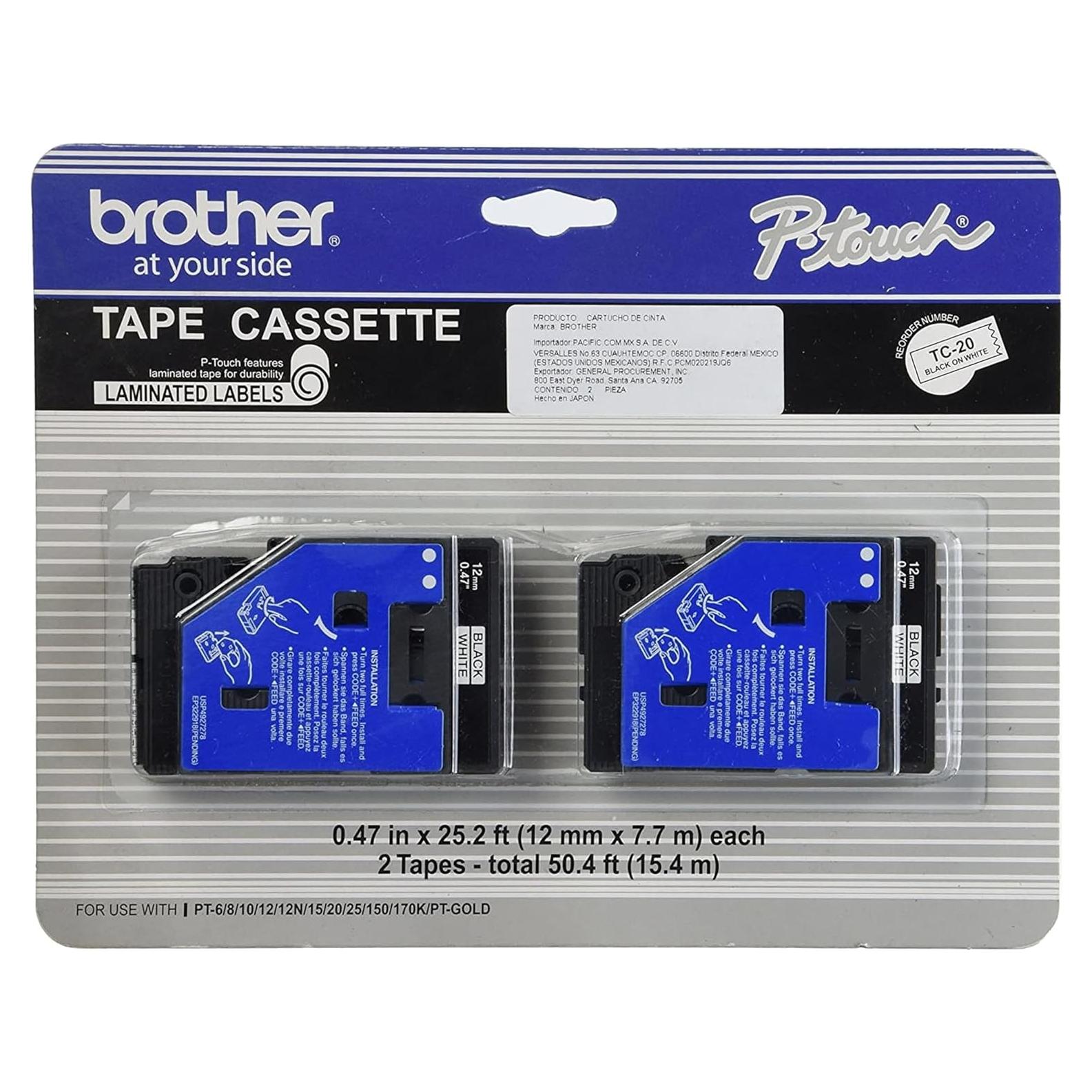 Cinta Brother TC-20 1.19 cm x 7.67 m Negra sobre Blanca