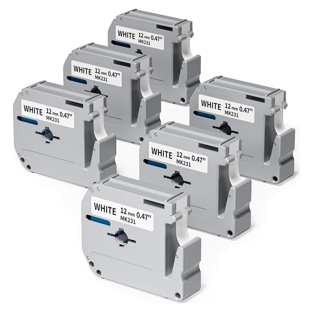 Cinta de Etiquetas Oozmas M-K231 12mm Negro sobre Blanco - Paquete de 6