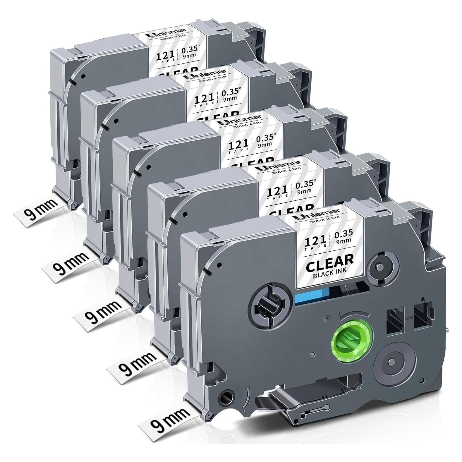 Cinta de Etiquetas Laminada Unismar TZe-121 9mm Negra Transparente - Paquete de 5