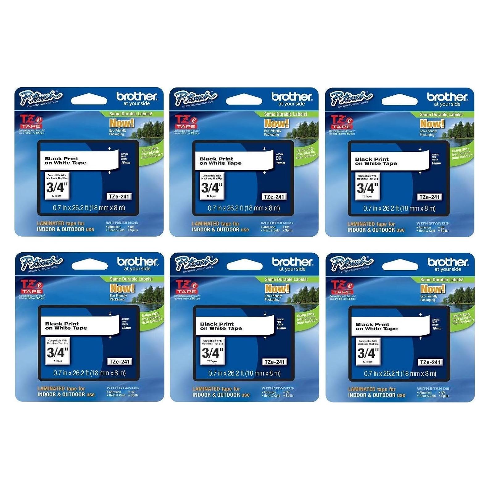 Cinta Laminada Brother TZe-241 Negra sobre Blanco 6-Pack 18mm