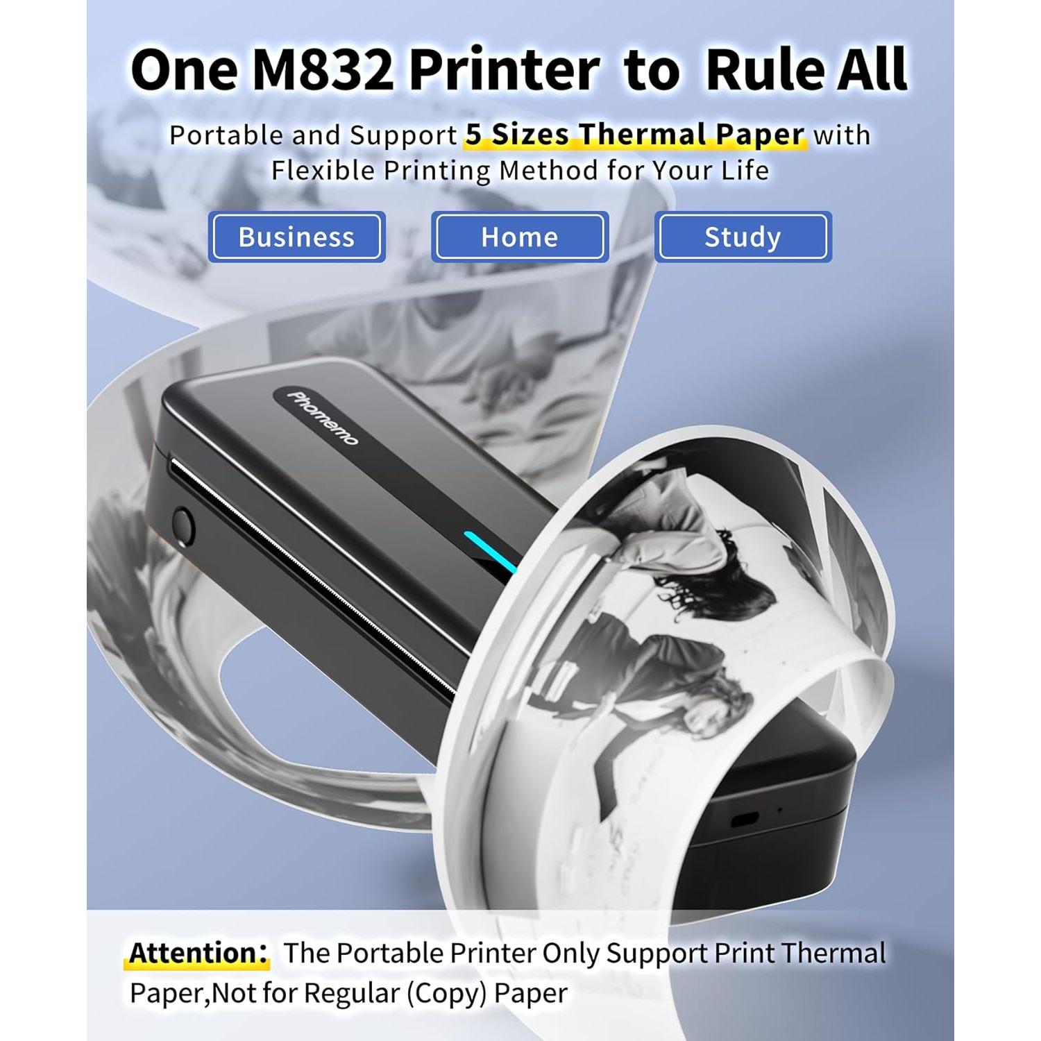 Phomemo Portable Printers Wireless for Travel, M832 Inkless Thermal Printer Support 8.5" X 11" & Multi Sizes, Bluetooth Mobile Printer for Home Office Car, Compatible with iPhone Android Laptop