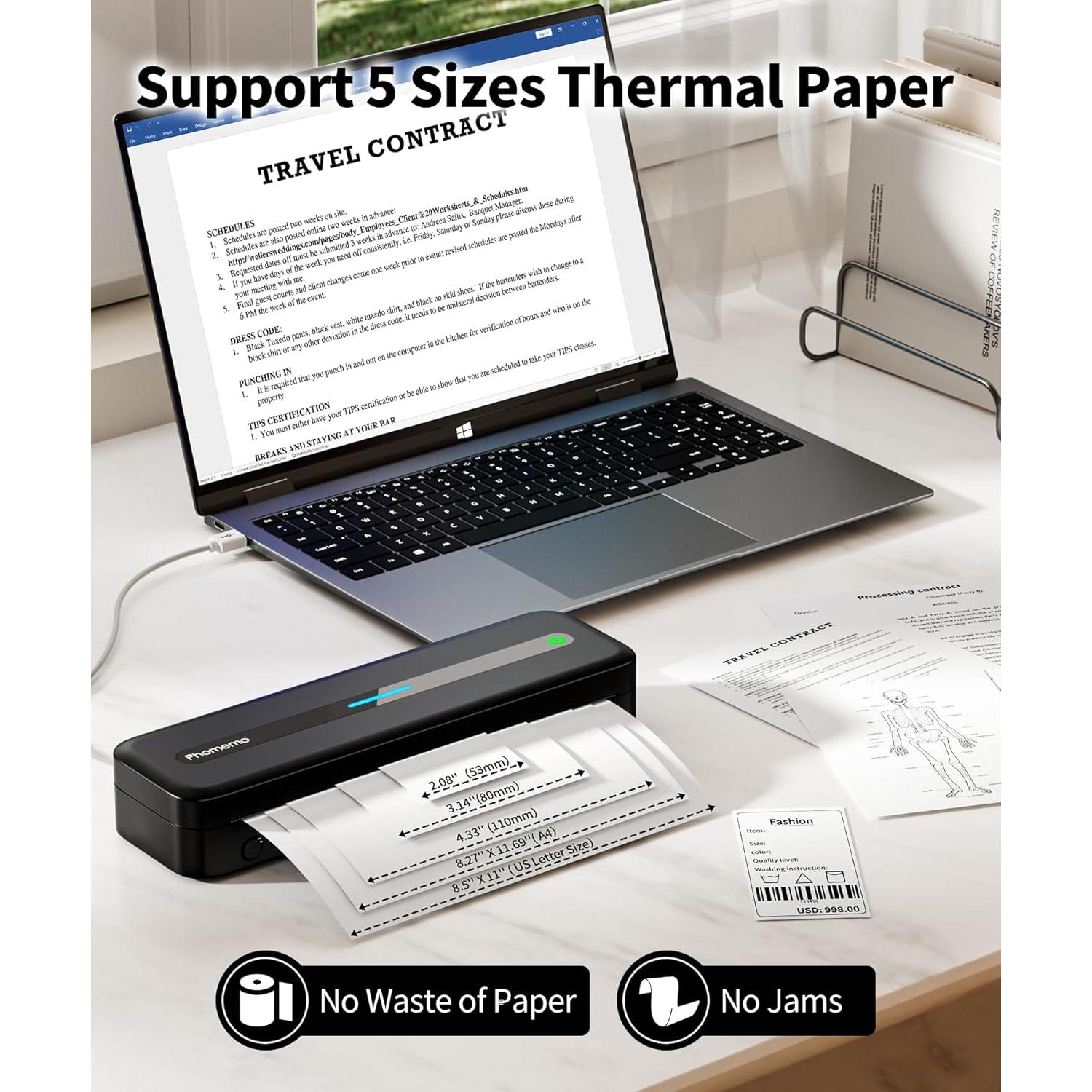 Phomemo Portable Printers Wireless for Travel, M832 Inkless Thermal Printer Support 8.5" X 11" & Multi Sizes, Bluetooth Mobile Printer for Home Office Car, Compatible with iPhone Android Laptop