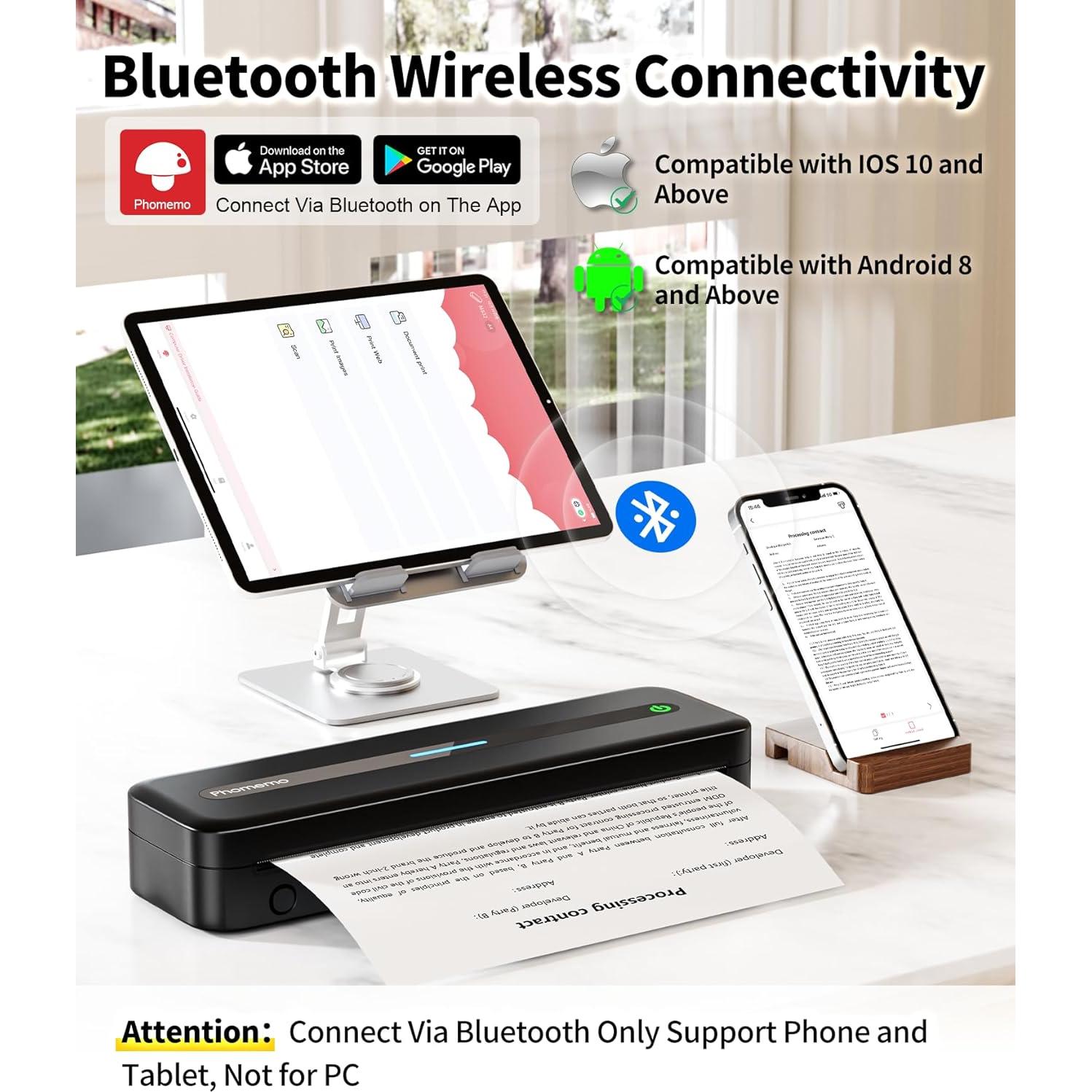 Phomemo Portable Printers Wireless for Travel, M832 Inkless Thermal Printer Support 8.5" X 11" & Multi Sizes, Bluetooth Mobile Printer for Home Office Car, Compatible with iPhone Android Laptop