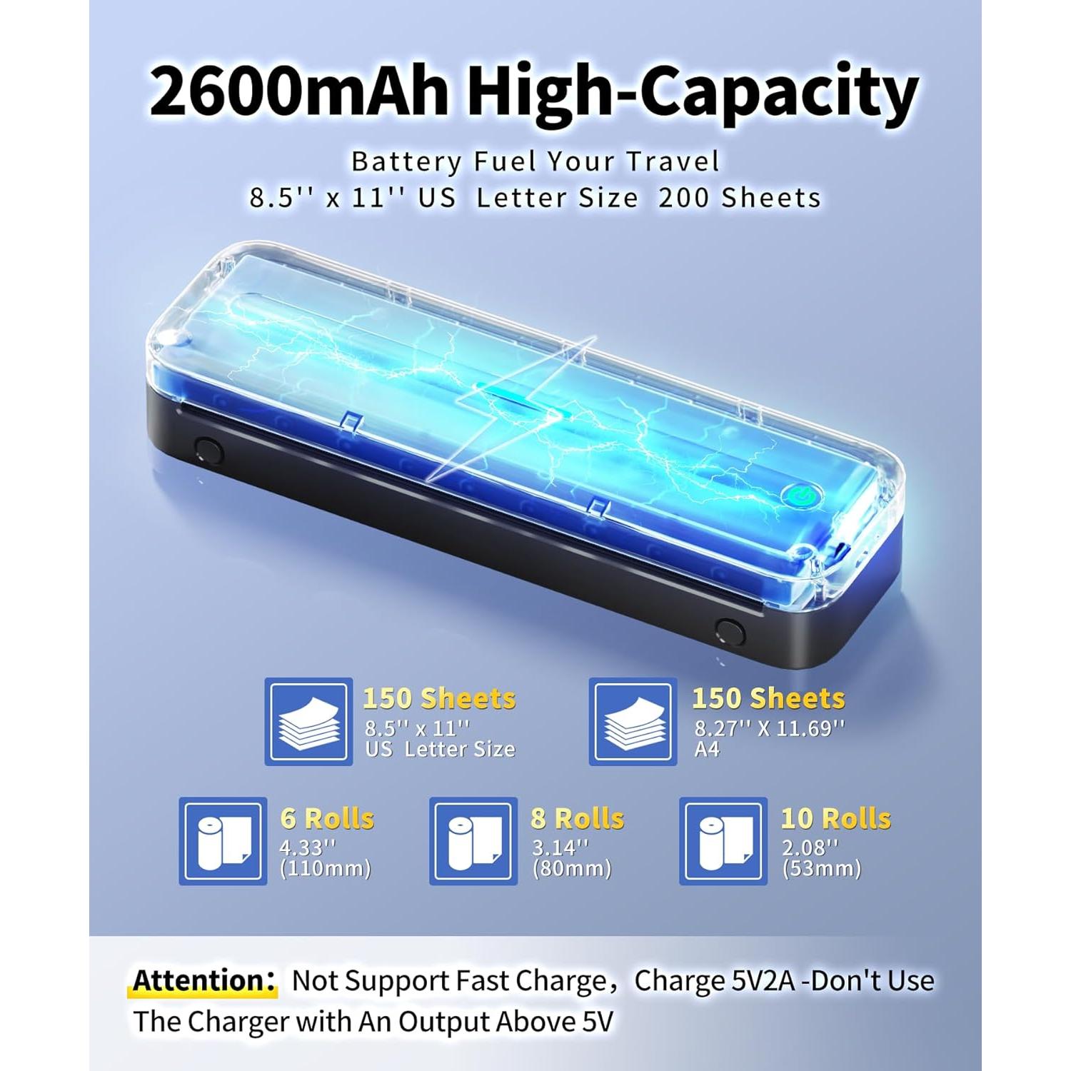 Phomemo Portable Printers Wireless for Travel, M832 Inkless Thermal Printer Support 8.5" X 11" & Multi Sizes, Bluetooth Mobile Printer for Home Office Car, Compatible with iPhone Android Laptop