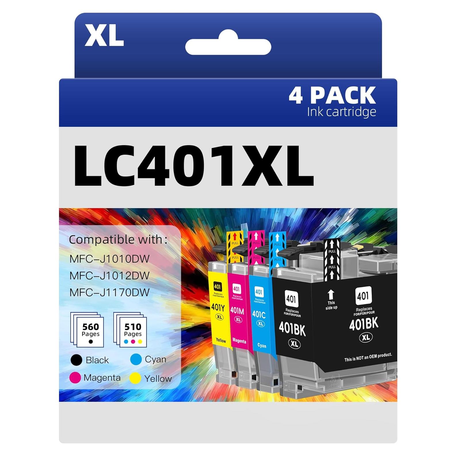 Cartuchos de tinta LC401XL Belietop para Brother MFC-J1010DW 4 Pack