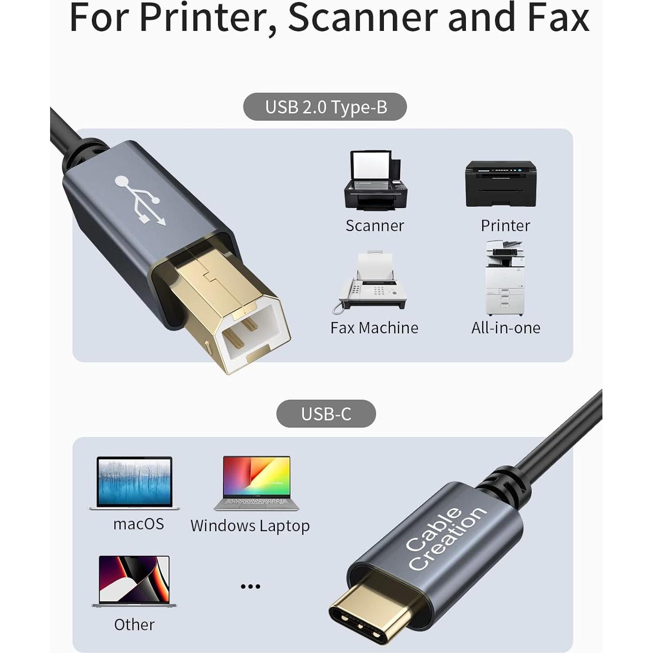Cable de Impresora USB-C a USB-B 2.0 CableCreation 2 m