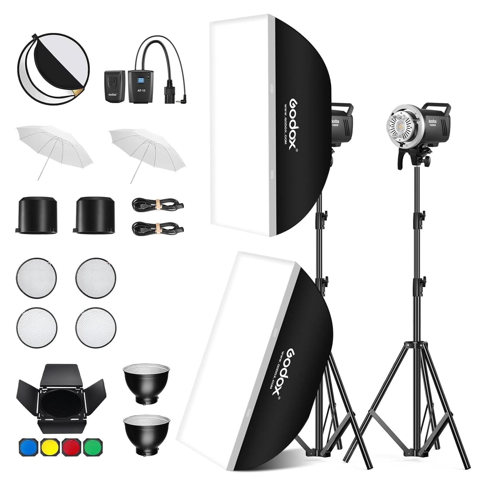 Godox MS300V 2-Pack Professional Studio Strobe Flash Light 300W Studio Flash Strobe kit 300W GN58 0.1-1.8 s Recycling time 2.4 G X-System,LED Modelling lamp 5600 ± 200K Flash Light