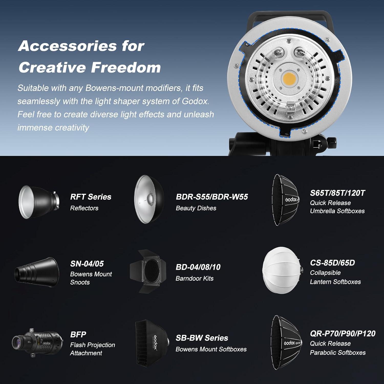 Godox MS300V 2-Pack Professional Studio Strobe Flash Light 300W Studio Flash Strobe kit 300W GN58 0.1-1.8 s Recycling time 2.4 G X-System,LED Modelling lamp 5600 ± 200K Flash Light