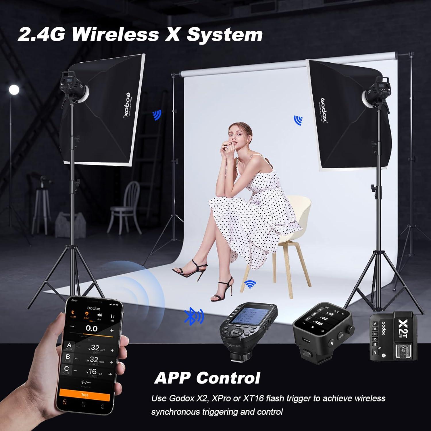 Godox MS300V 2-Pack Professional Studio Strobe Flash Light 300W Studio Flash Strobe kit 300W GN58 0.1-1.8 s Recycling time 2.4 G X-System,LED Modelling lamp 5600 ± 200K Flash Light