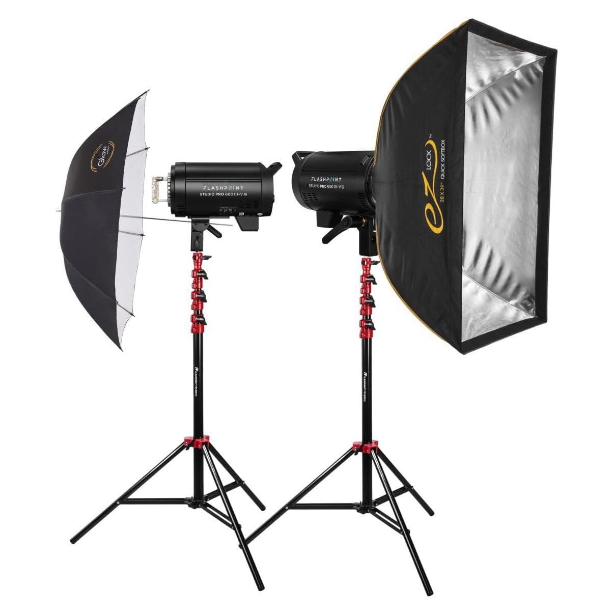 Flashpoint Studio Pro 600 III-V 600W R2 Flash 2-Light Kit with LED Lamp, Bundle with Stands, Softbox and Umbrella