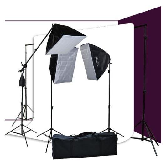 ePhotoInc Muslin Support Stand Kit Boom Hair Light Stand with 3 Softbox Photography Video 3200K Warm Temp Lighting Kit & 10x12 White Muslin H9004SB-1012W 3200K