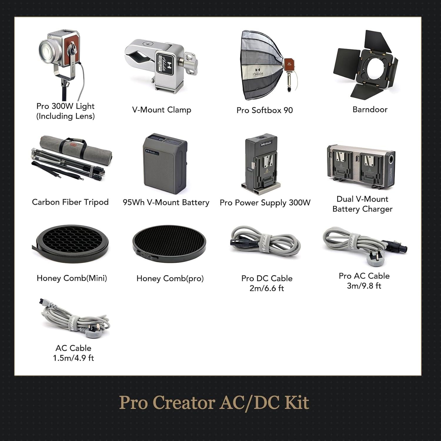 Pro Photography Lighting Creator Kit, 300W LED Studio Light with Detachable LCD Control, Barndoor, Softbox, Carbon Fiber Tripod, CRI/TLCI 96+, 2700-6500K, AC/DC Power