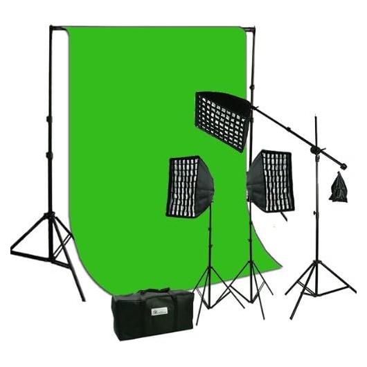 ePhoto Studio Continuous Video Light Softbox HoneyComb Grid Kit & 10 x 12 ChromaKey Digital Green Screen Muslin Background Support HGD2-1012G