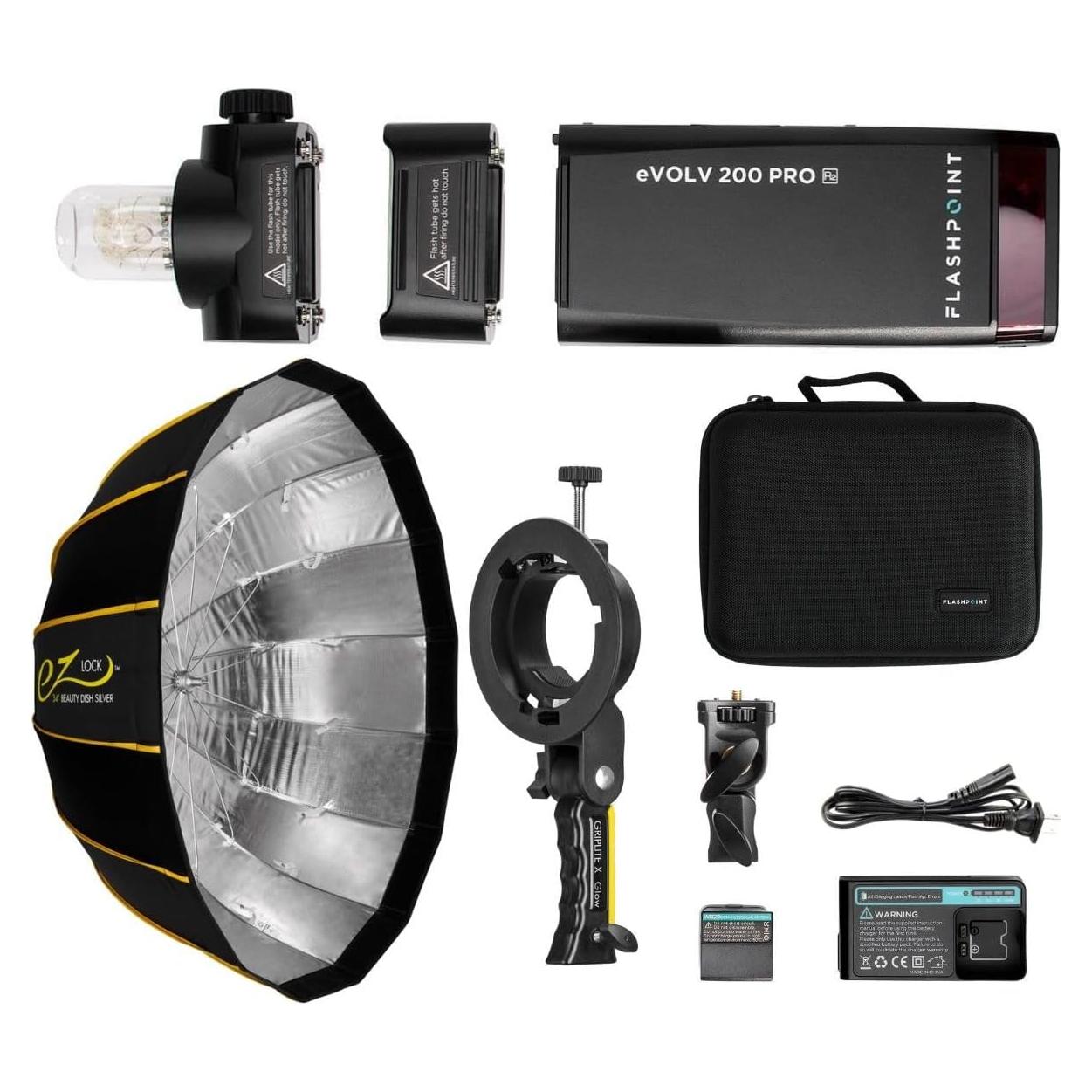 Flashpoint eVOLV 200 Pro TTL Pocket Flash Kit (AD200 Pro) - Glow EZ Lock Collapsible Silver Beauty Dish (34in), Glow Handheld Grip S-Type Bracket Bowens Mount Holder for Speedlite Flash Softbox