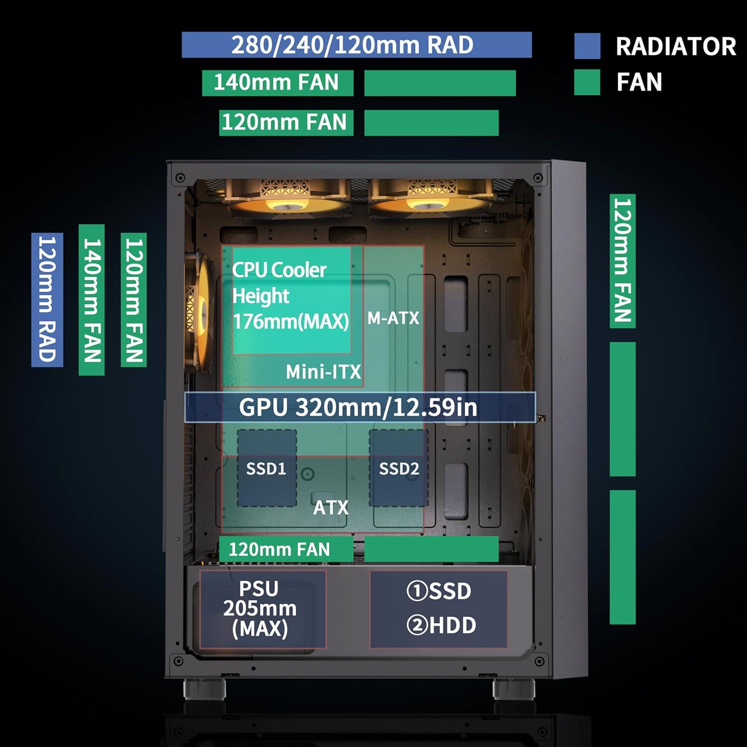 Caja de PC MUSETEX G07 ATX con 6 Ventiladores ARGB