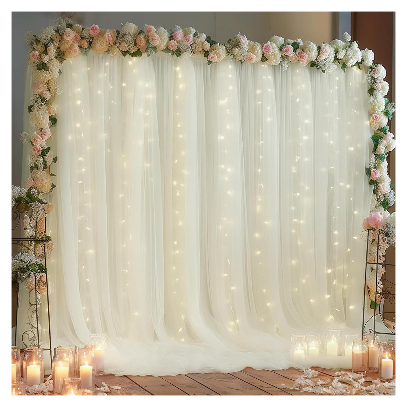 Cortina de tul marfil con luces 2 paneles 5x10 pies