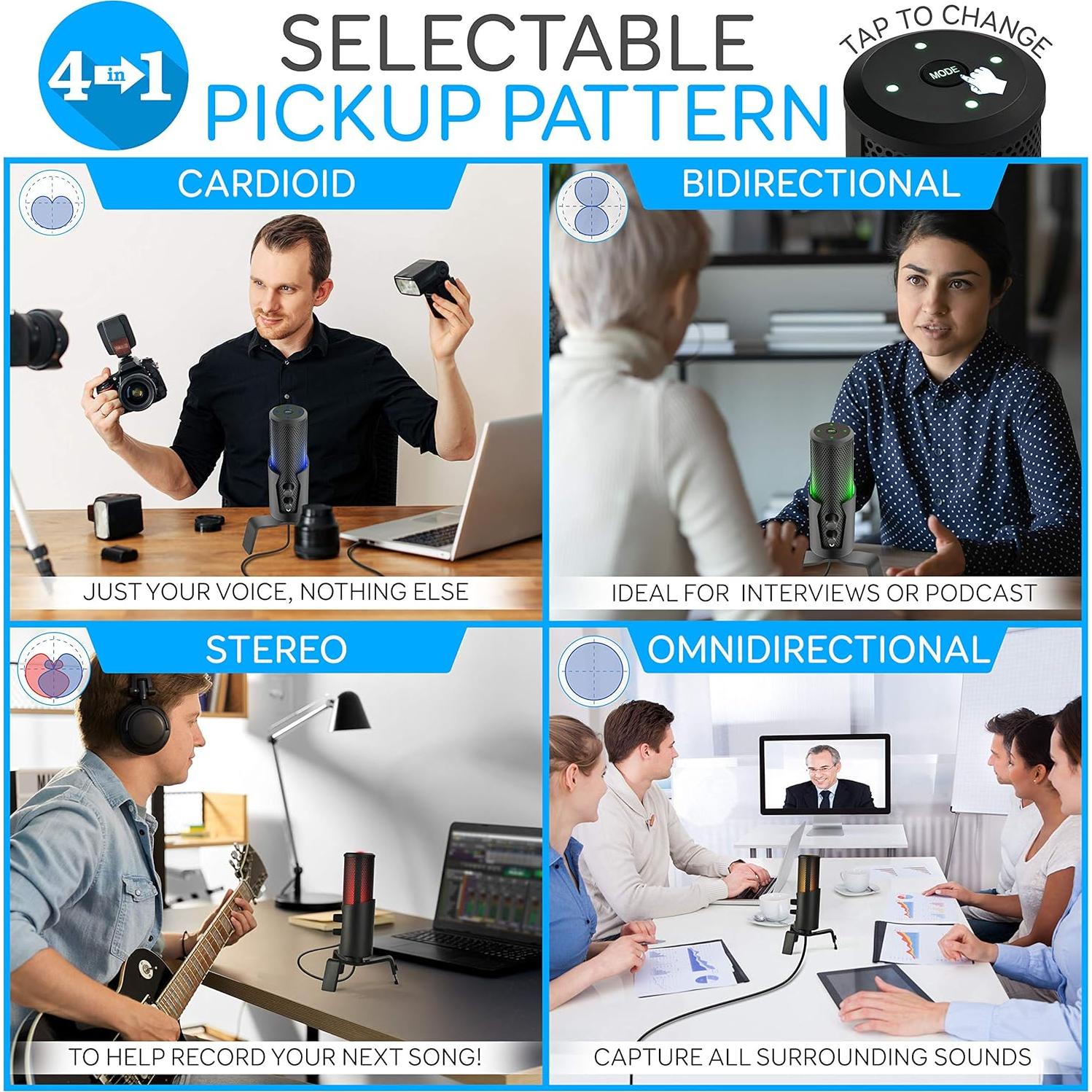 Micrófono USB Pyle PDMIUSBMT300 con 4 Patrones de Captura