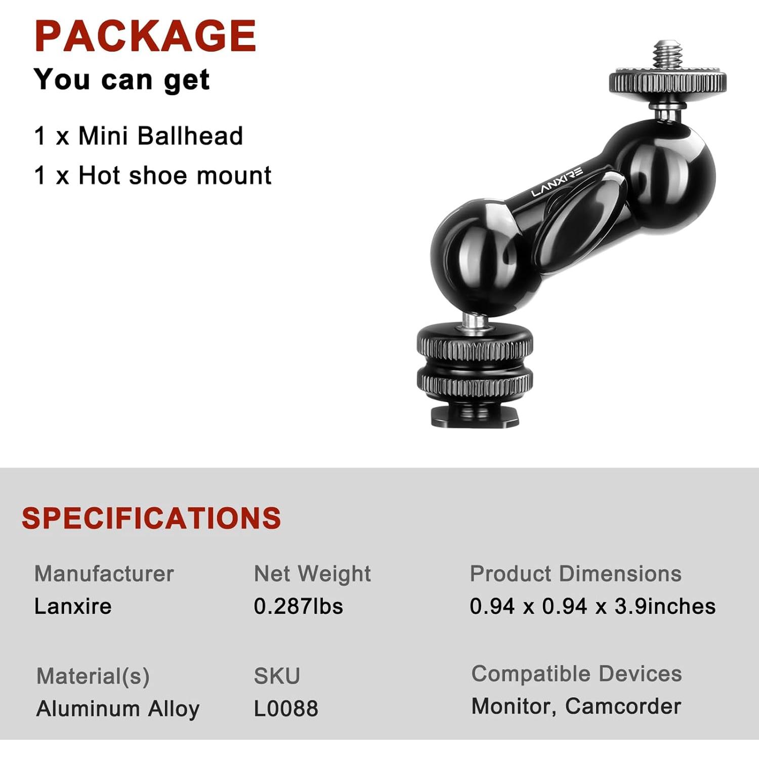 Mini Brazo Mágico Lanxire Doble Cabeza 1/4" para Cámaras