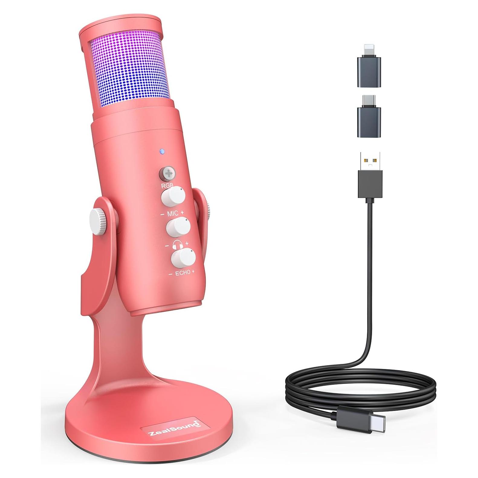 Micrófono USB ZealSound K66 Rosa con RGB y Cancelación de Ruido