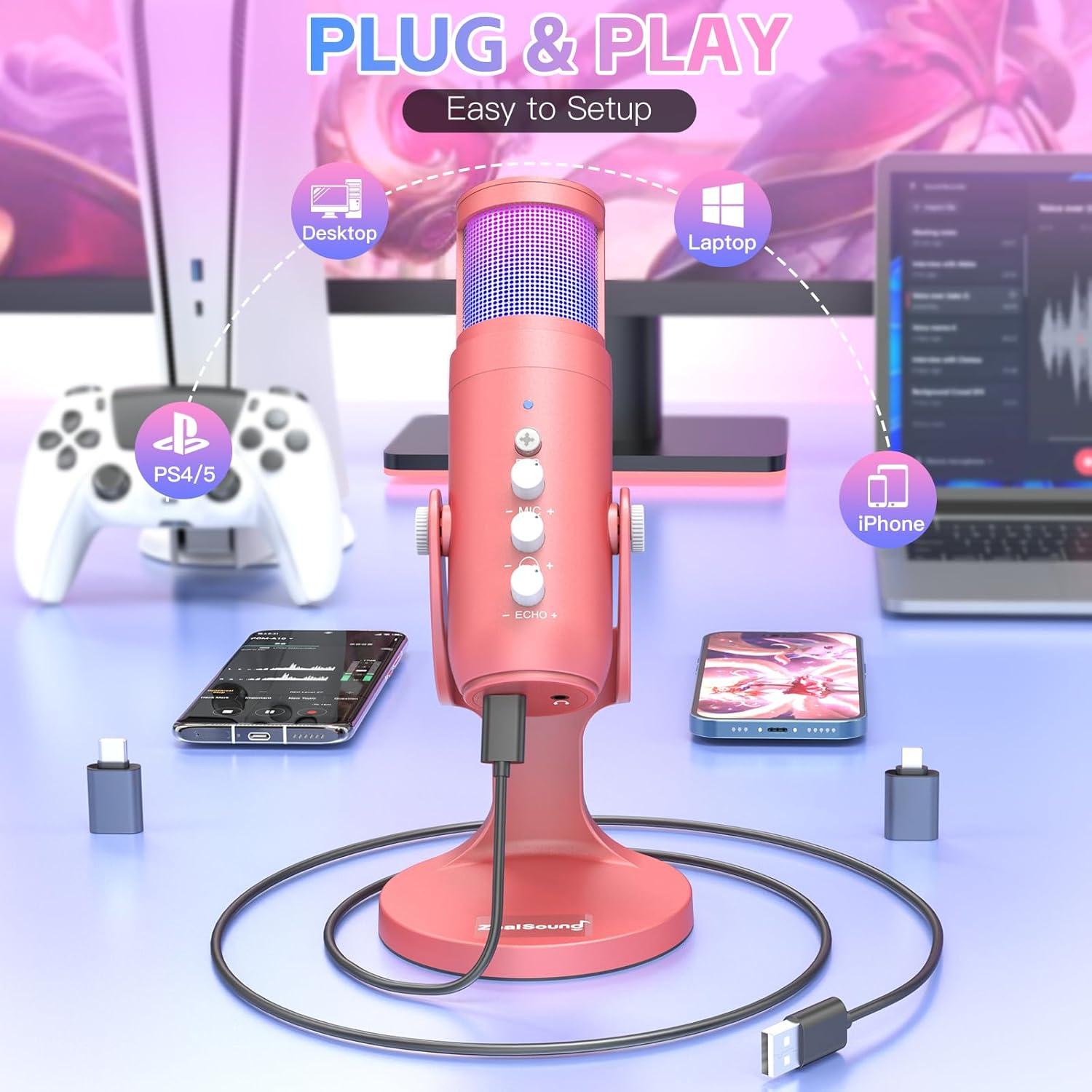 Micrófono USB ZealSound K66 Rosa con RGB y Cancelación de Ruido