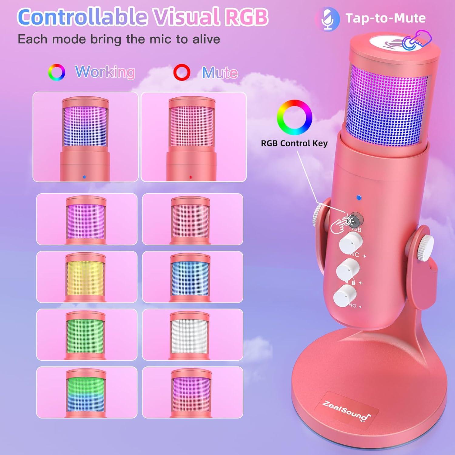 Micrófono USB ZealSound K66 Rosa con RGB y Cancelación de Ruido