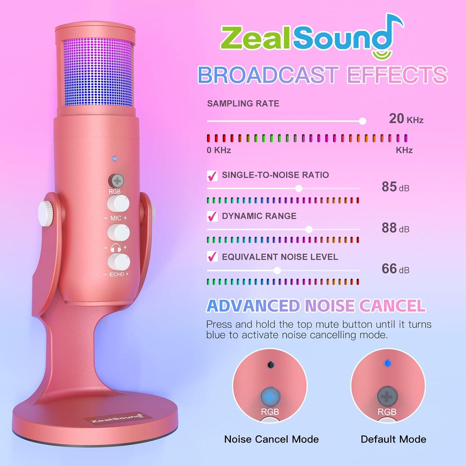 Micrófono USB ZealSound K66 Rosa con RGB y Cancelación de Ruido