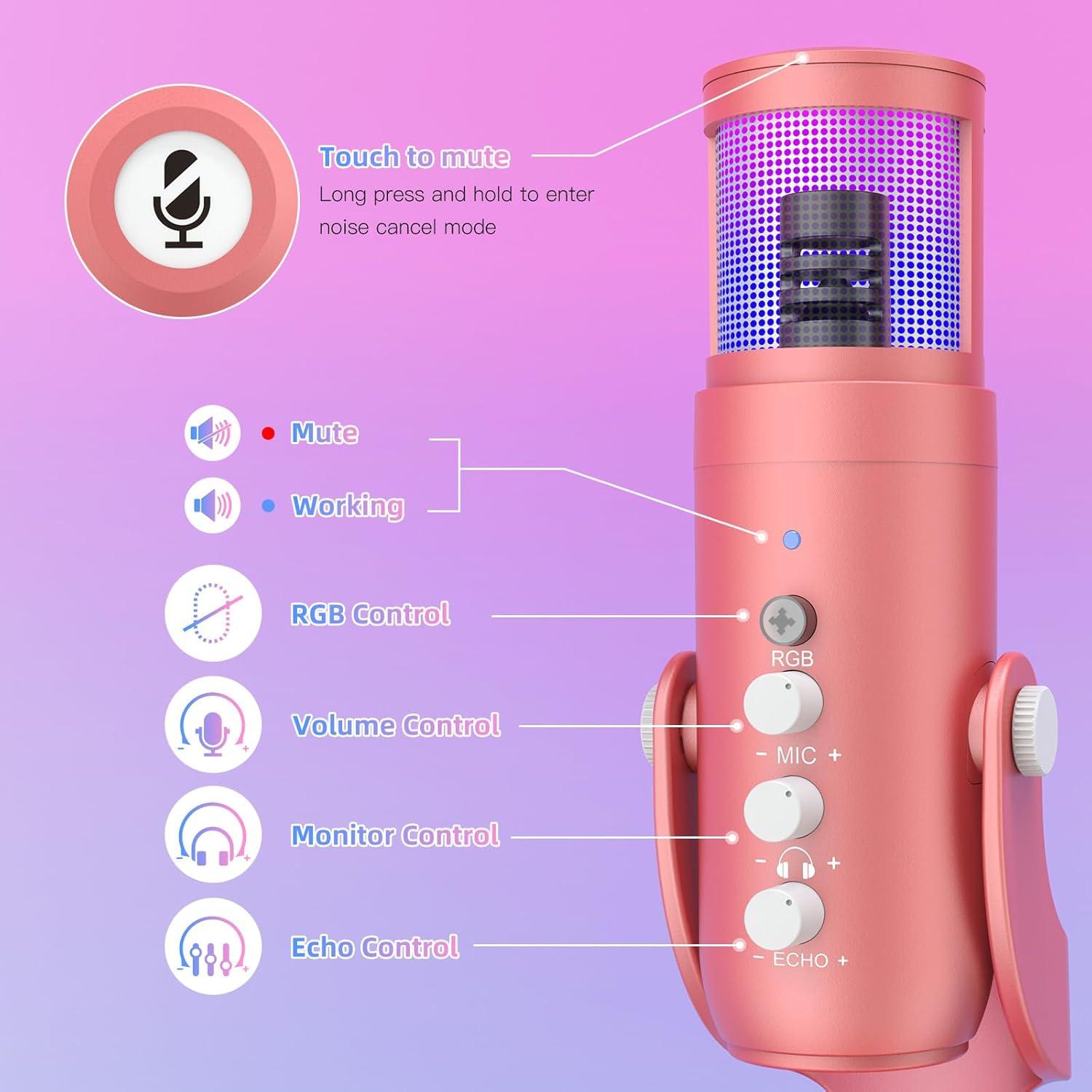 Micrófono USB ZealSound K66 Rosa con RGB y Cancelación de Ruido