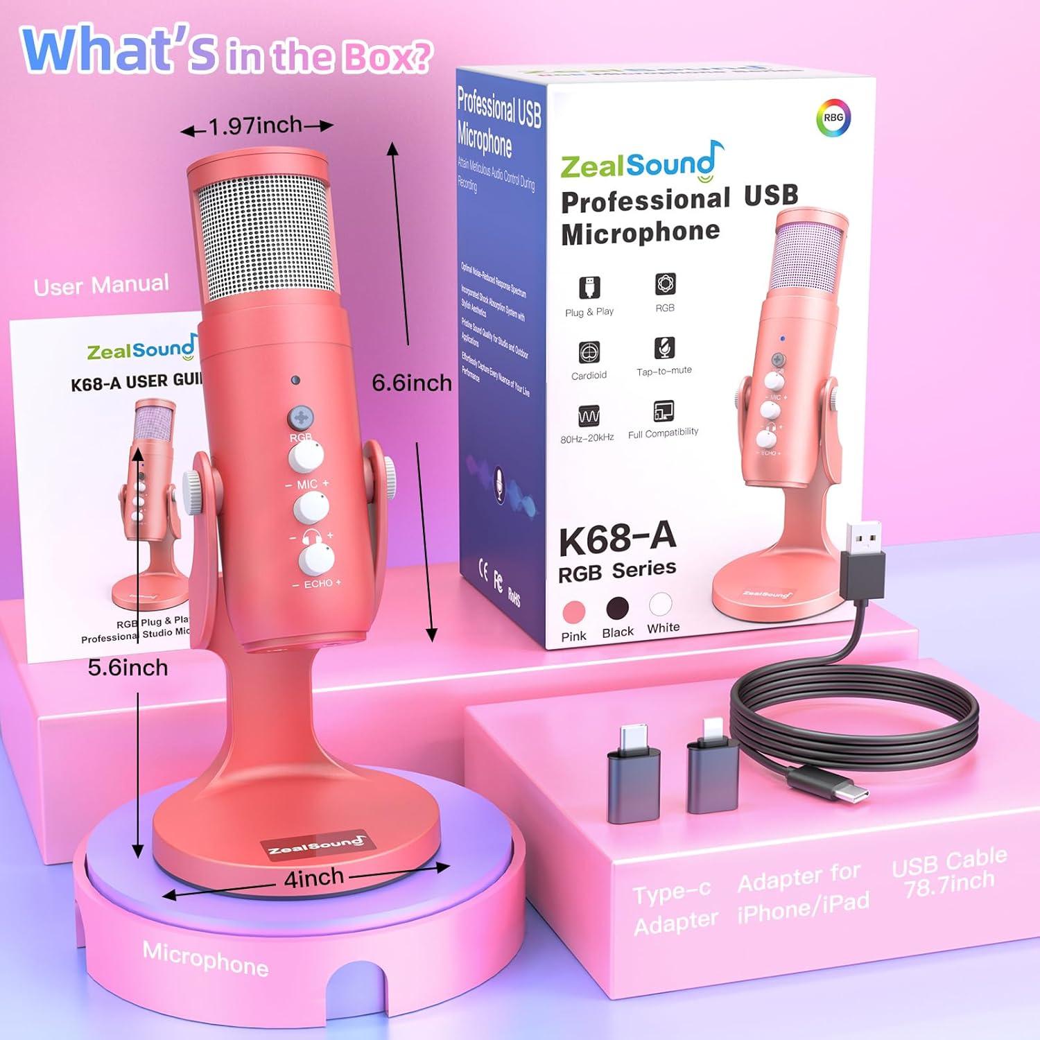 Micrófono USB ZealSound K66 Rosa con RGB y Cancelación de Ruido