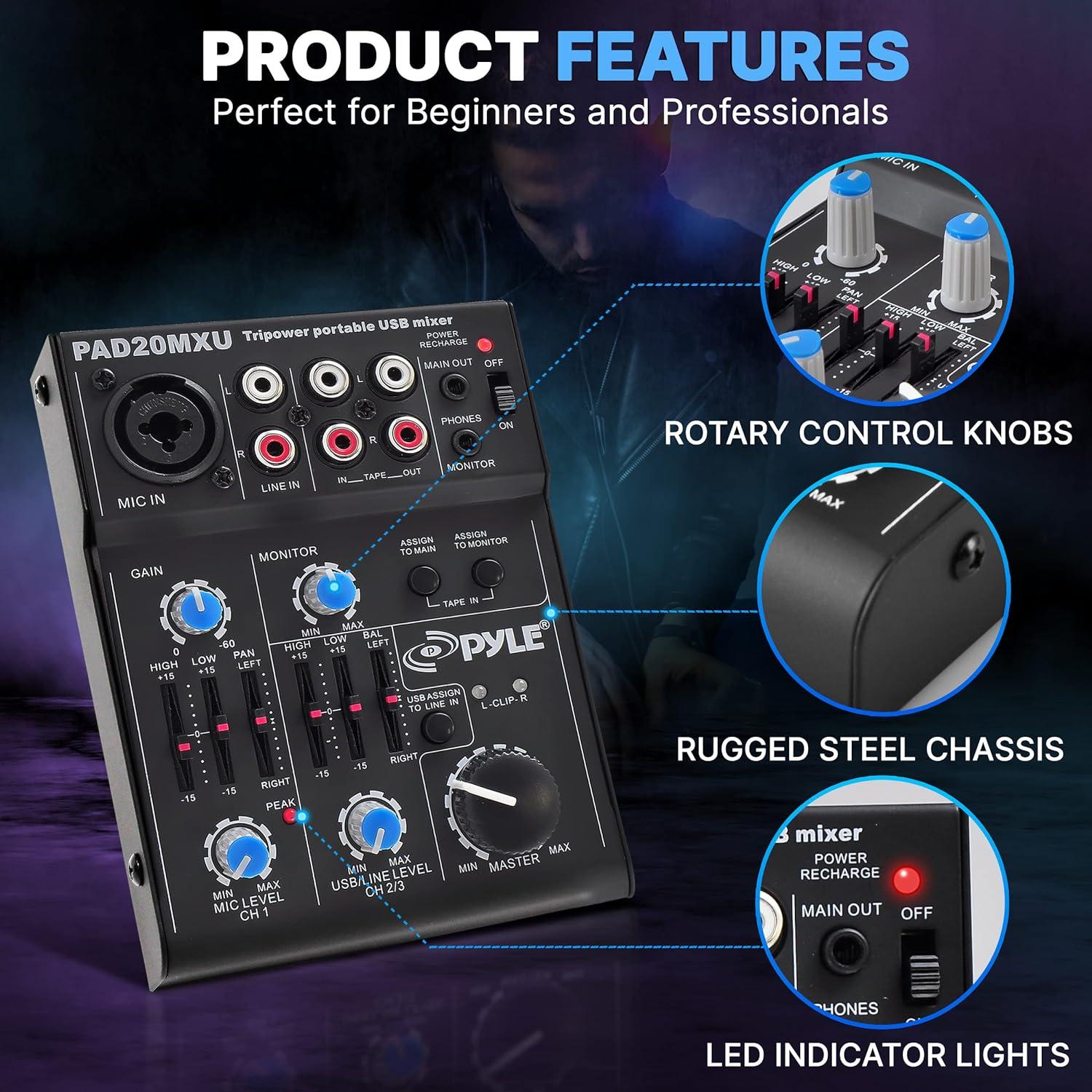 Mezclador de Audio Pyle PAD20MXU 5 Canales USB Bajo Ruido