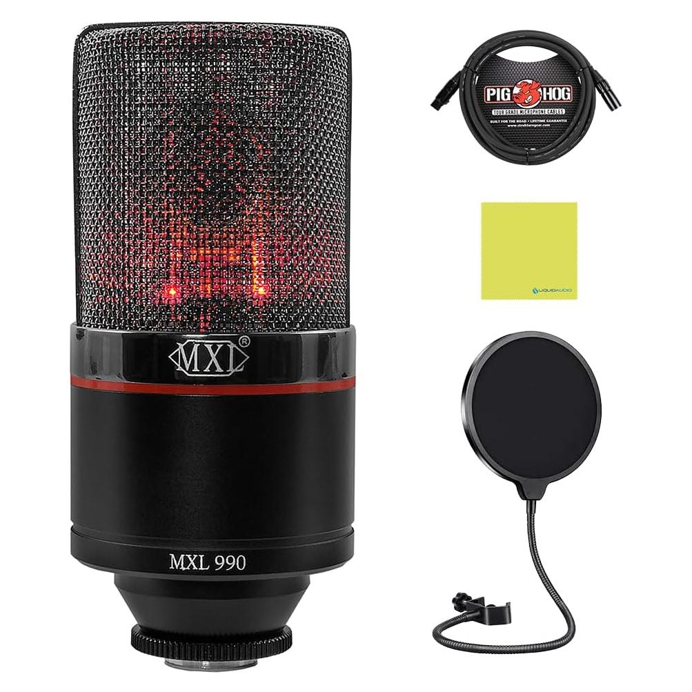 MXL 990 Blaze LED Studio Quality Condenser Microphone Bundle w/Pig Hog PHM10 8mm Mic Cable, Pop Filter Polishing Cloth