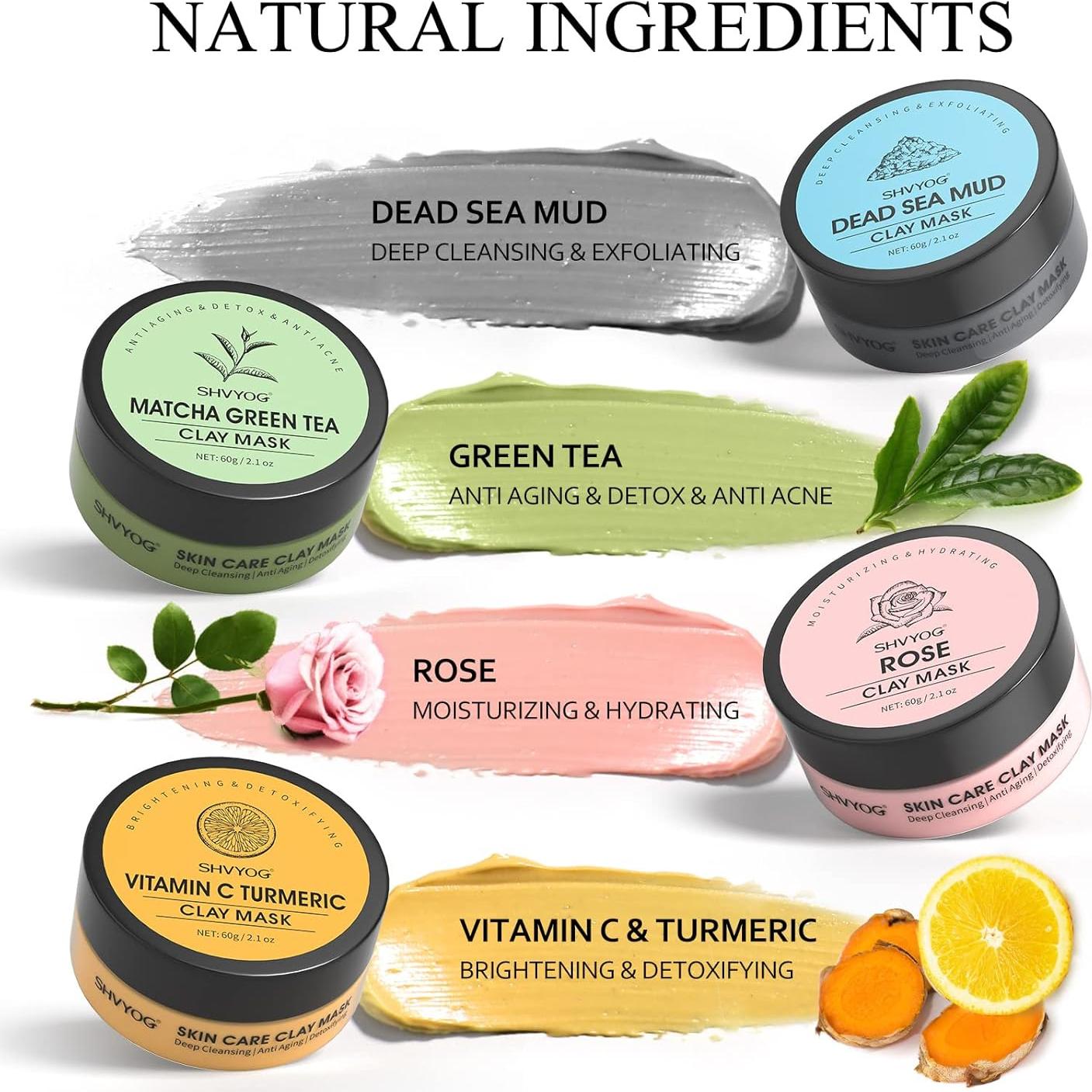 Juego de 4 Mascarillas Faciales SHVYOG - Cúrcuma, Té Verde y Más