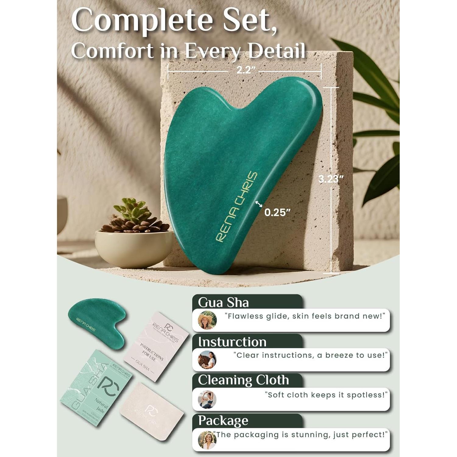 Gua Sha Facial Rena Chris Jade Natural 9.1x6.1cm Verde