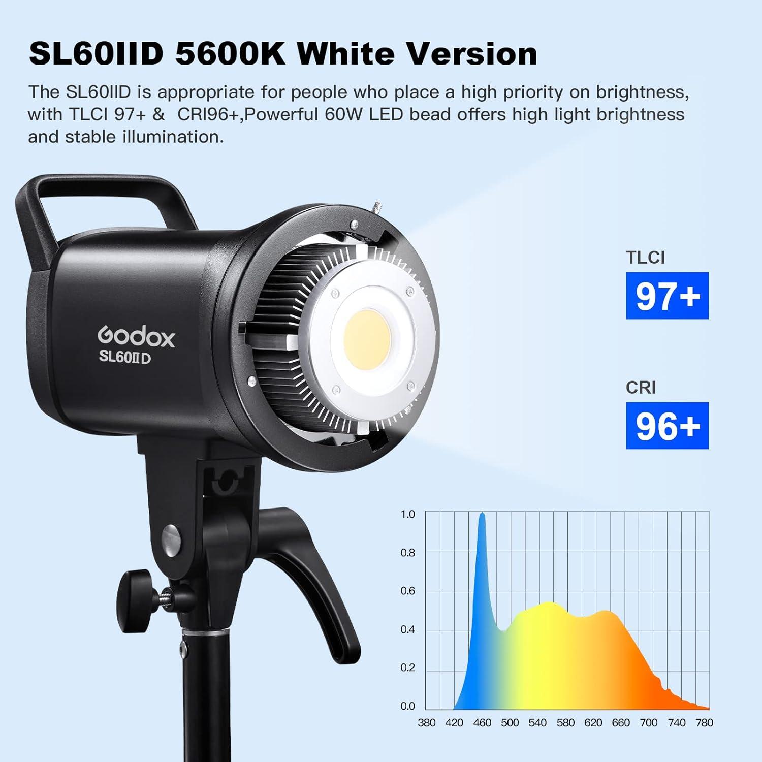 Godox SL60IID LED Video Light,60Ws White 5600K Version Countinuous Output Lighting with Bowens Mount,CRI 96+ TLCI97+,for Video Recording Wedding Product Photo... (3 Pack)