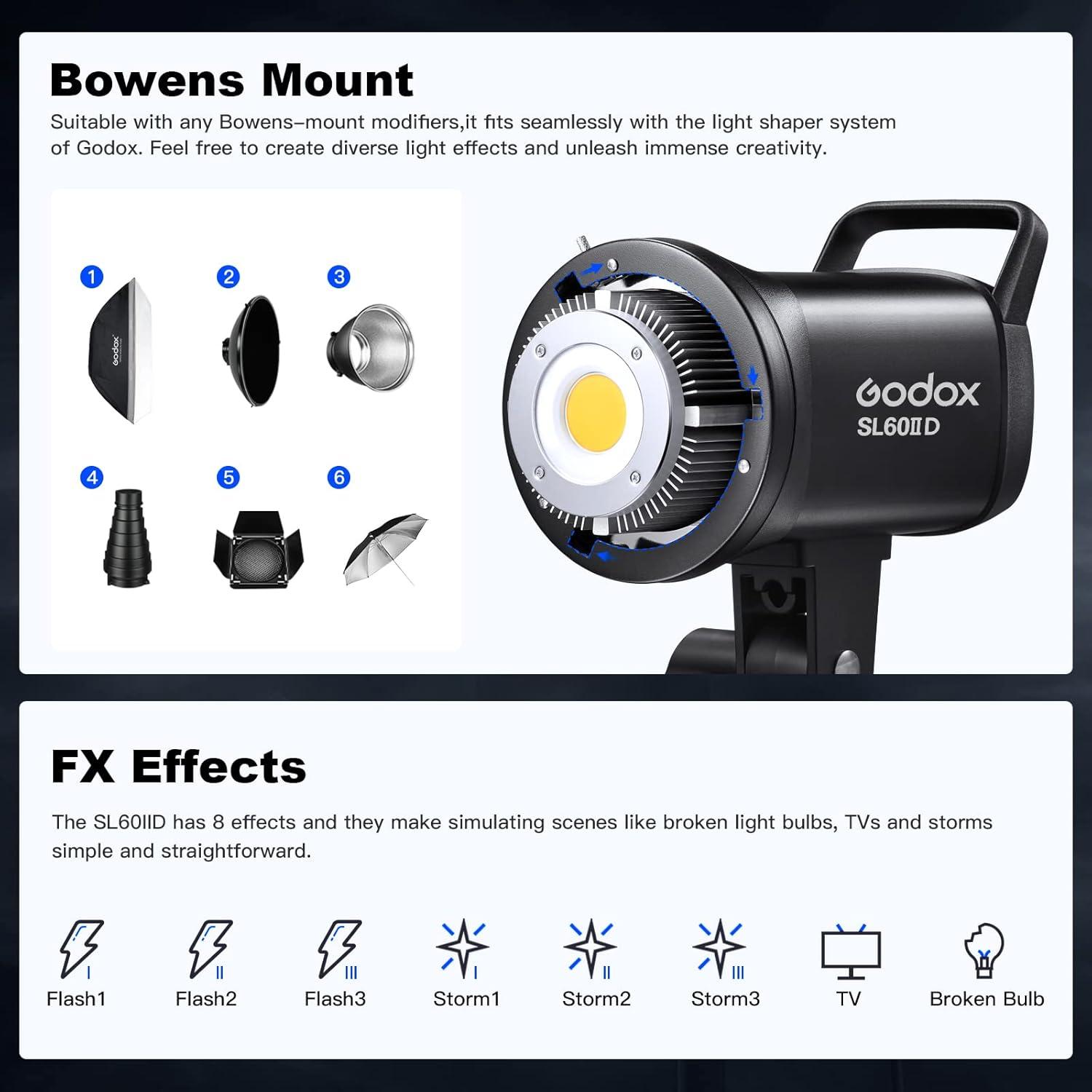 Godox SL60IID LED Video Light,60Ws White 5600K Version Countinuous Output Lighting with Bowens Mount,CRI 96+ TLCI97+,for Video Recording Wedding Product Photo... (3 Pack)