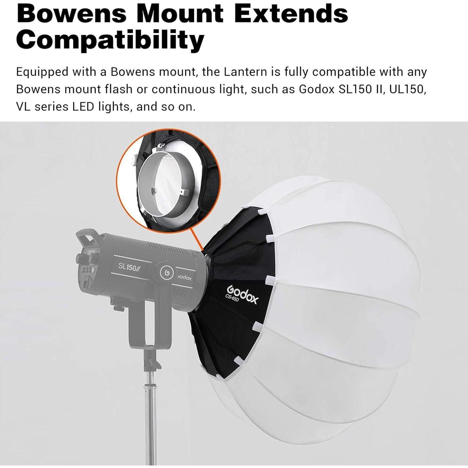 Godox CS-65D Lantern Softbox,Bowens Mount,Quick-Install 65cm Collapsible Globe Softbox for Photo Portrait Studio Video Continuous Lighting Photography