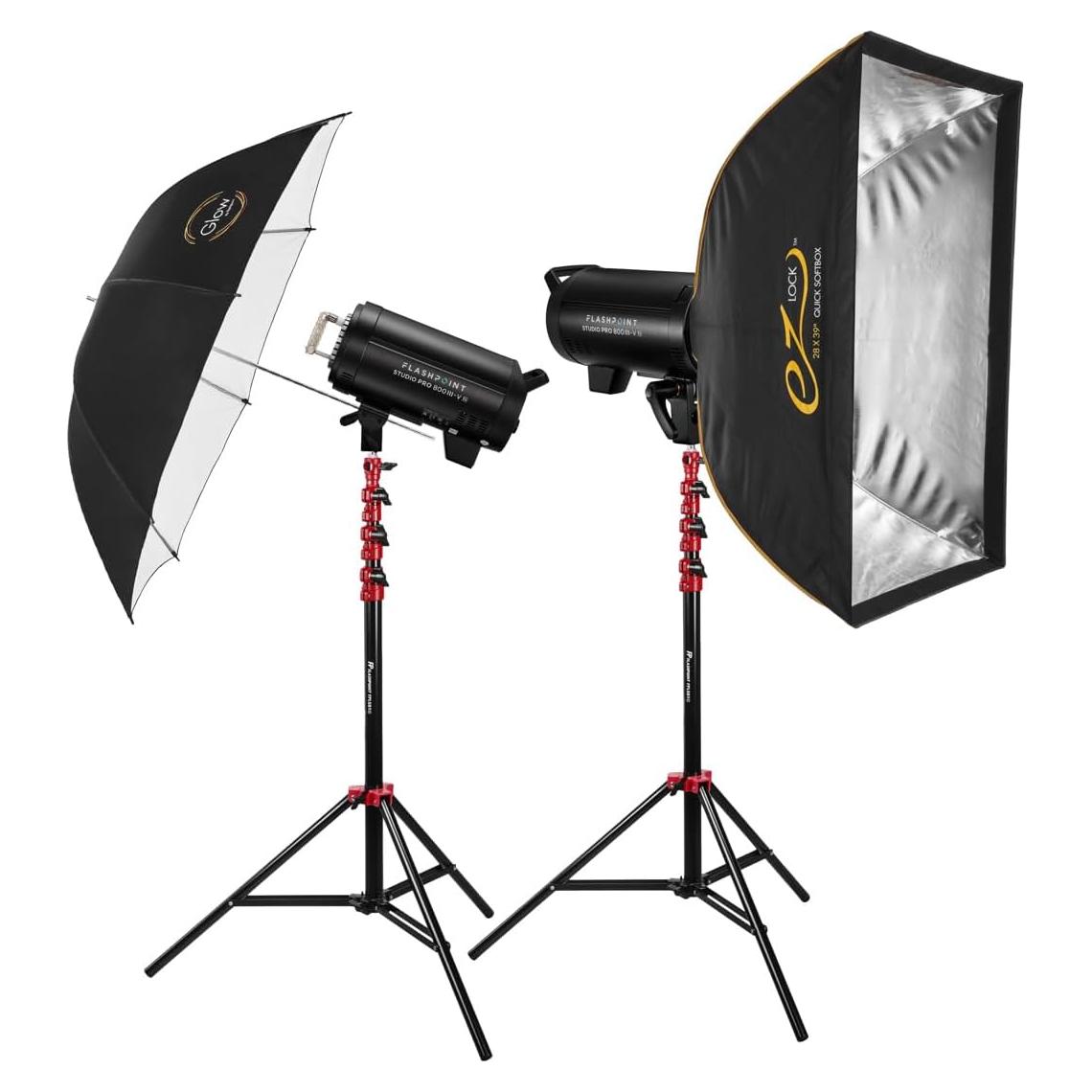 Flashpoint Studio Pro 800 III-V 800W R2 Flash 2-Light Kit with LED Lamp, Bundle with Stands, Softbox and Umbrella
