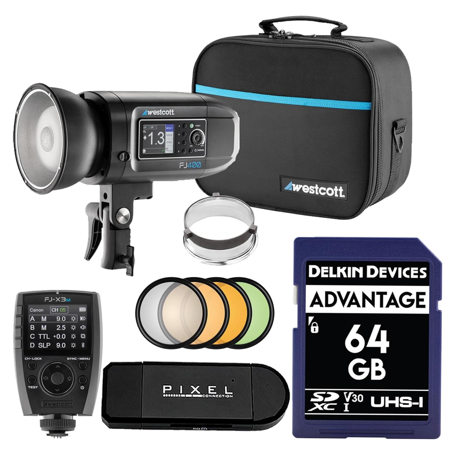 Westcott FJ400 II 400Ws Compact Touchscreen Strobe Bundle with FJ-X3m Universal Wireless Flash Trigger, Tripod with 360-Degree Ball Head and 64GB SD Card (4 Items)