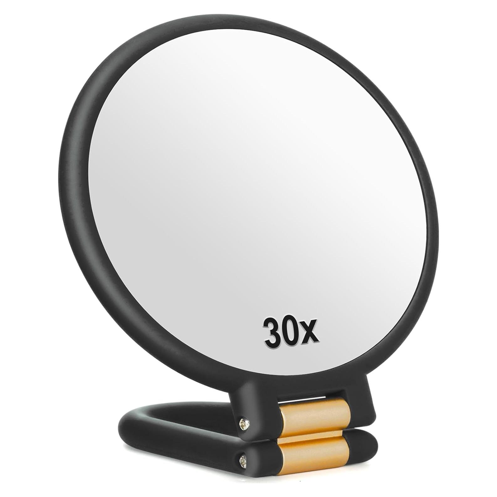 30x Magnifying Mirror, Travel Hand Mirrors with Handle - Double Side Handheld Mirror with 1X 30X Magnification & Adjustable Handle/Stand, Hand Held Foldable Travel Mirror for Makeup(Black)