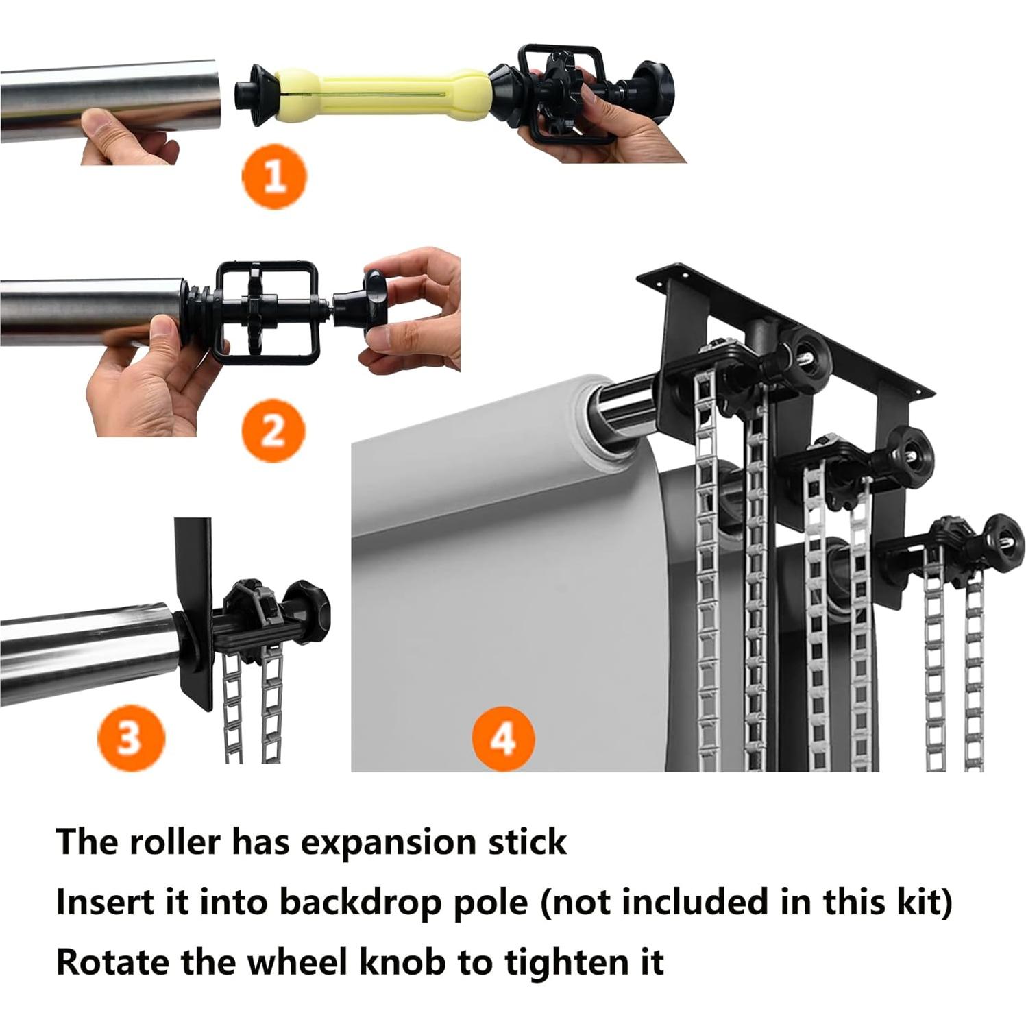 Photography Backdrop Roller Support System, 3 Rollers, Wall/Celing/Light Stand Backdrop Mount, Background Support