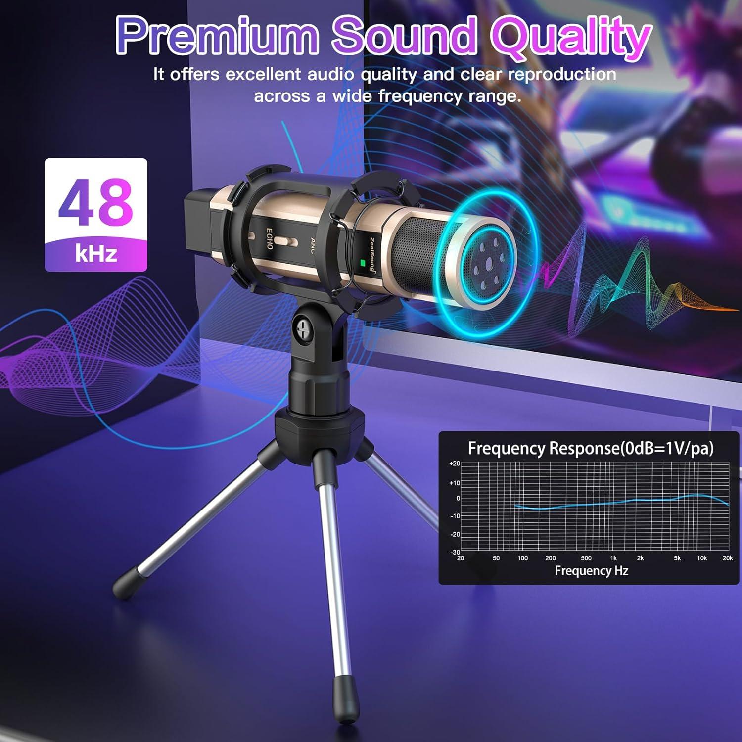 Micrófono USB ZealSound K08T Oro con Adaptador Type-C y Soporte