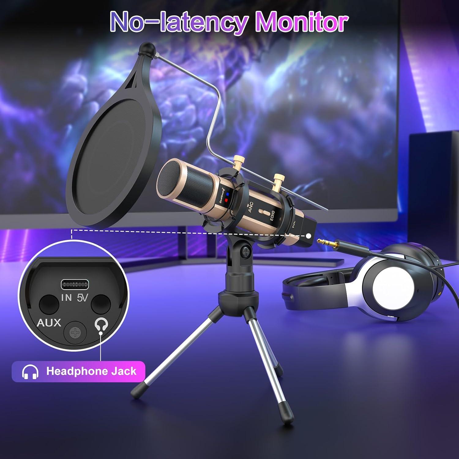 Micrófono USB ZealSound K08T Oro con Adaptador Type-C y Soporte