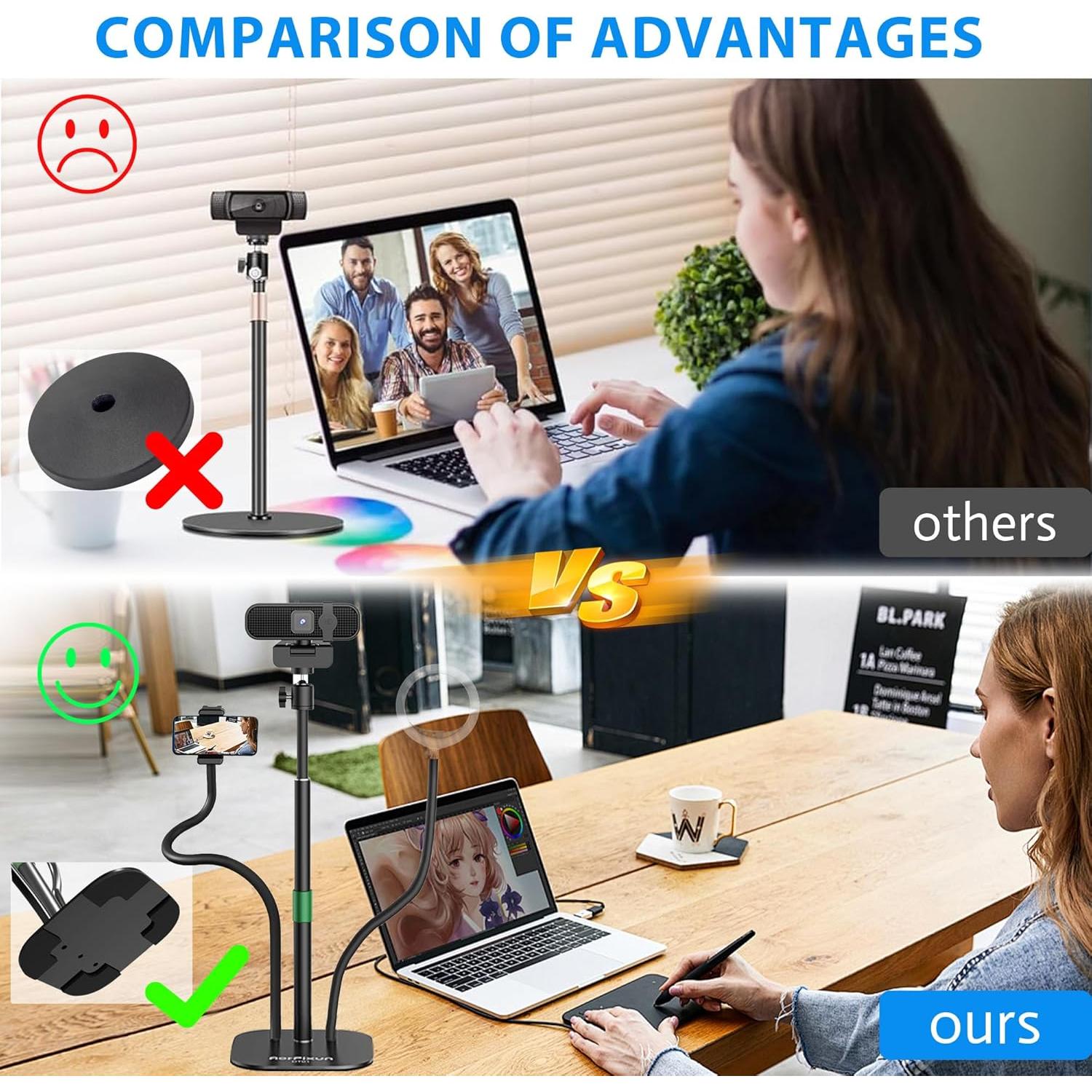Webcam Stand for Desk 3 in 1 Flexible Webcam Mount Computer Camera Stand Desktop Microphone Stand with Phone Clip for Logitech Webcam Series, Ring Light, Phone, Mic and 1/4" Screw Device